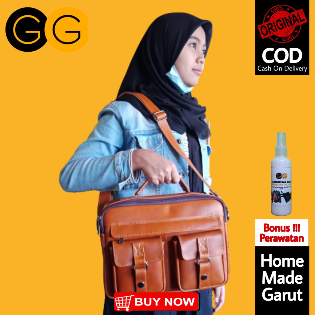 TAS KULIT GARUT PRIA WANITA TAS LAPTOP 14 INCH SELEMPANG BISA JINJING TAS KERJA TAS KULIT ASLI ORI