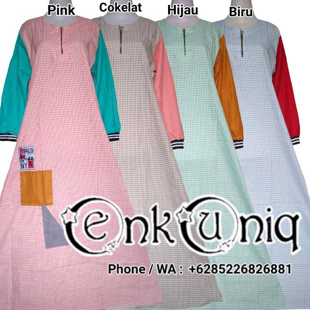 Gamis Katun Resletting Depan Kombinasi Longdress Kotak Polos Lengan Karet GKR12