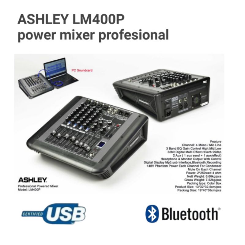 power mixer profesional Ashley LM400P, 4 channel mixer, USB, bluetooth