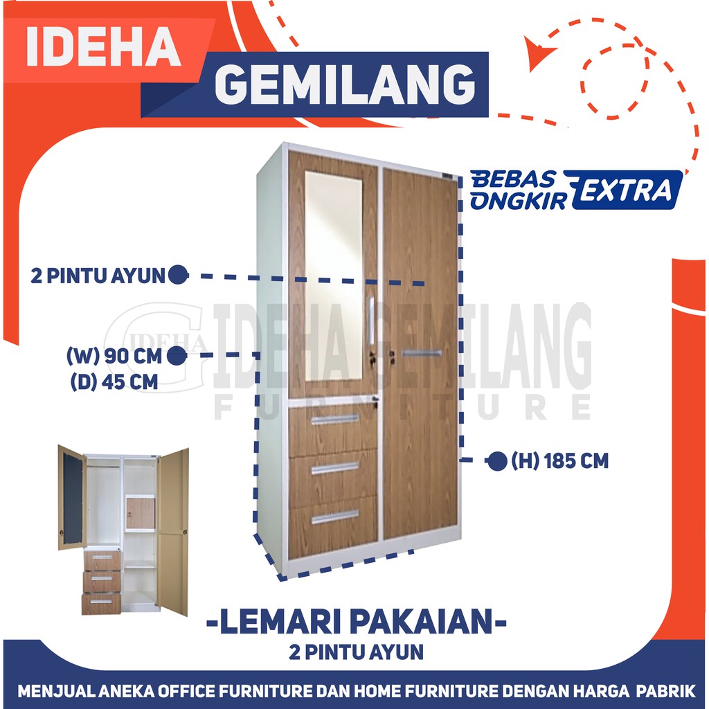 Lemari Pakaian Besi 2 pintu ayun Motif Kayu