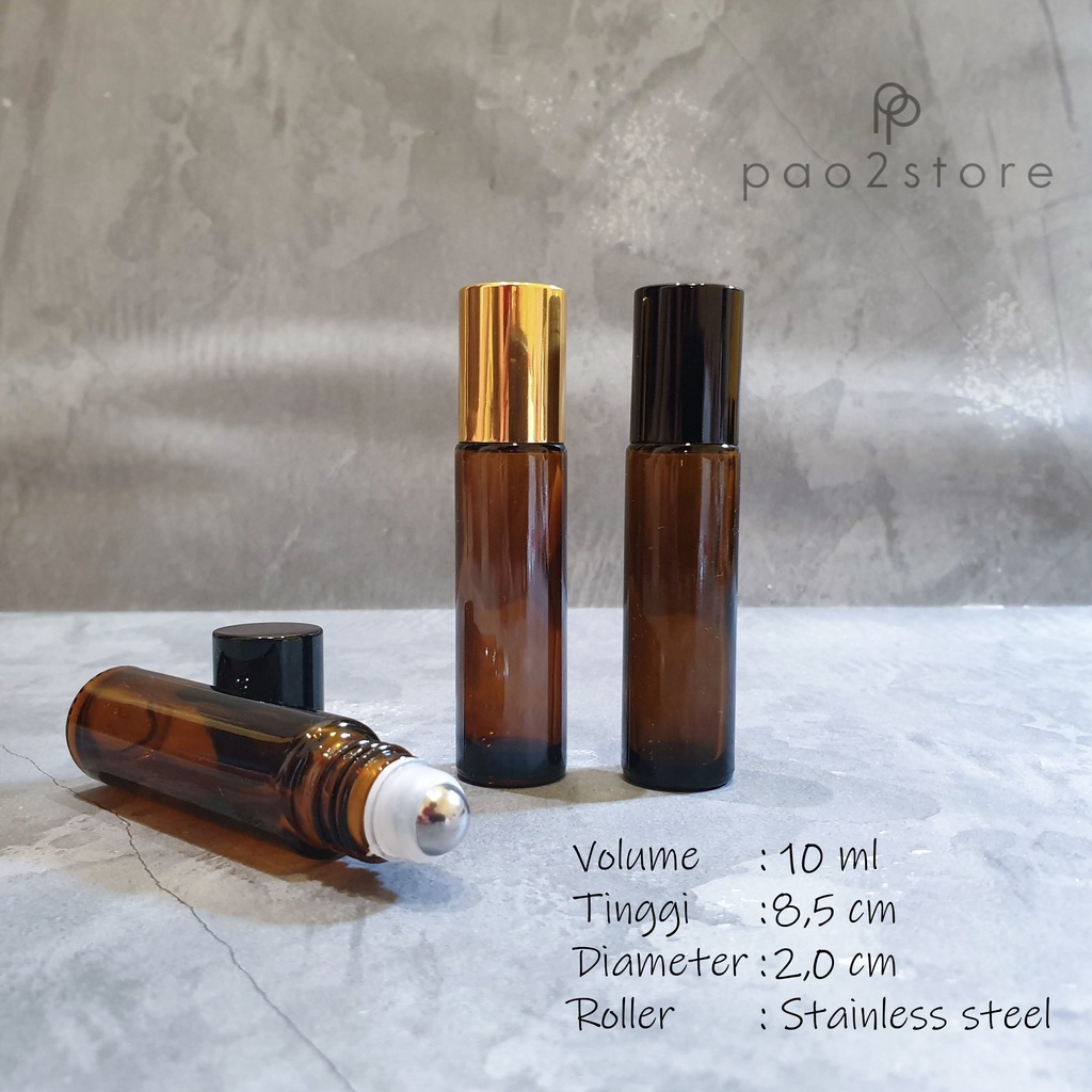 Botol Roll On 10ml Roller Besi Stainless Kaca Amber Coklat  - Essential Oil / Parfum - Refillable Travel Size