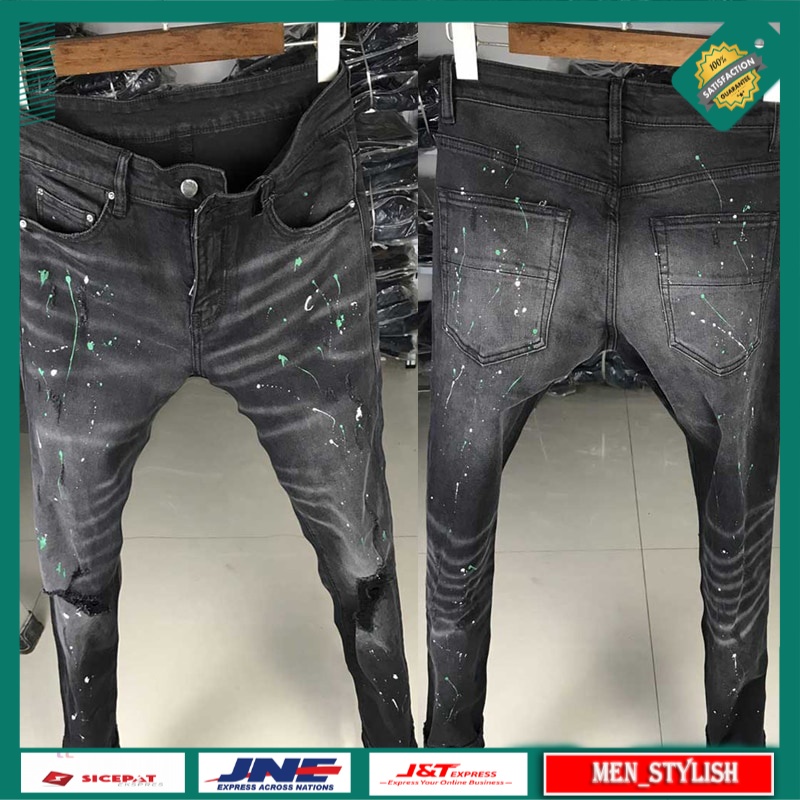 Celana Jeans Panjang Pria American Streetwear Fashion  Black Elastic Slim Fit Ripped Denim Pants Hig