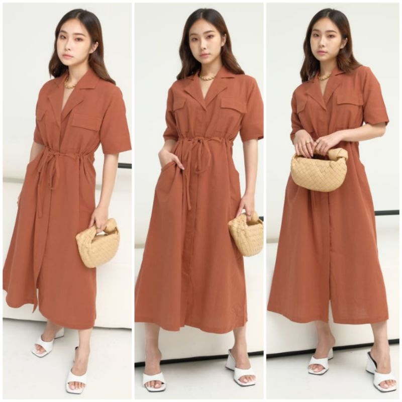 ❣️ SPECIAL PRICE ♡ PREMIUM ♡ ORIGINAL ! JEANNE LINEN VINTAGE COLLAR BUTTON POCKET TIED MIDI DRESS LONG OUTER ( BUSUI FRIENDLY )