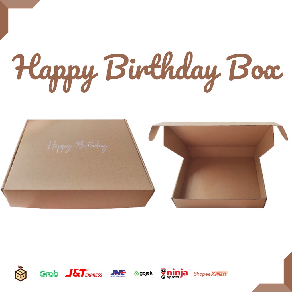 

sumopack - corrugated box/kotak happy birthday/box happy birthday/kotak ulang tahun/kotak kado/box kado/pembungkus kado/corrugated box dengan tulisan happy birthday putih di luar