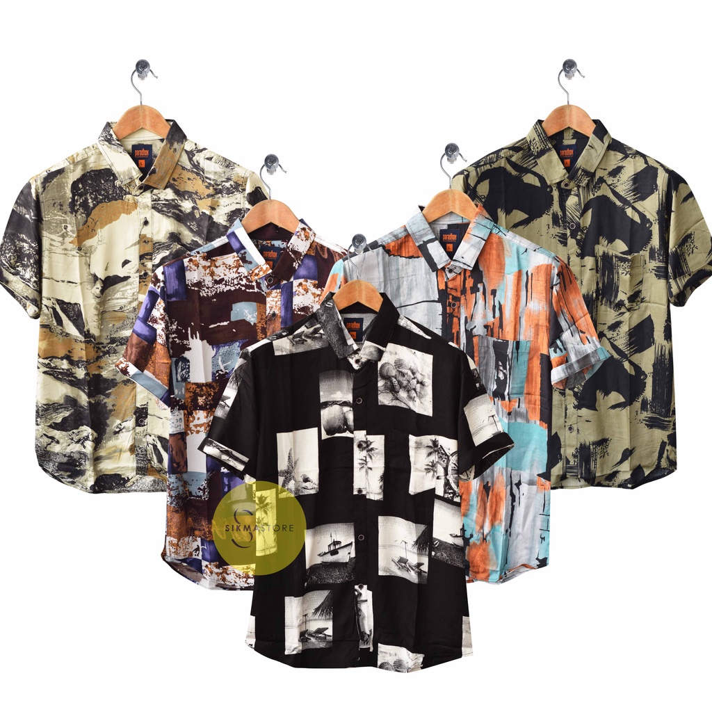 Kemeja Pria/Cowok Motif Printing Lengan Pendek Kemeja Motif Daun Kembang dan Bunga Abstrak Kemeja Ra