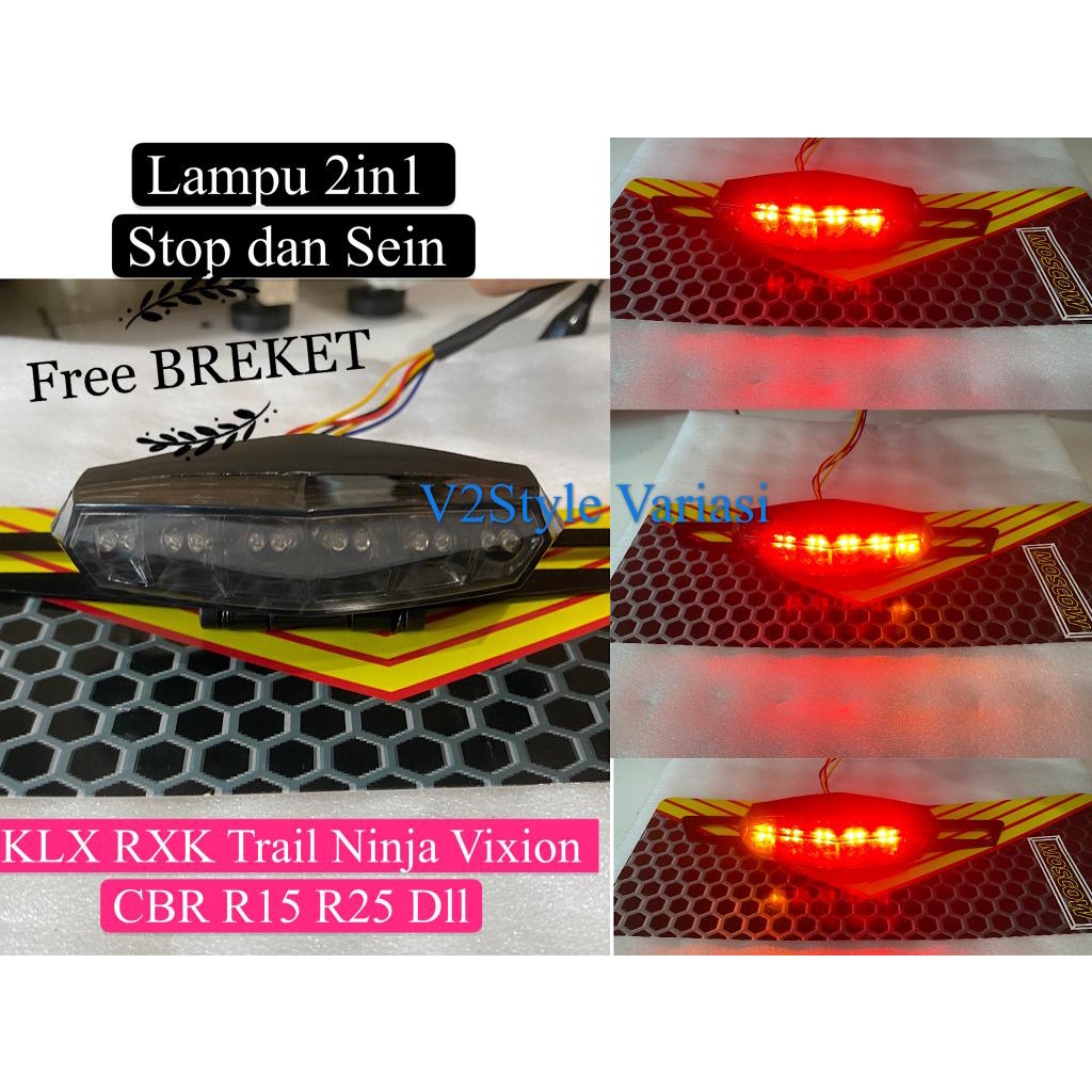 Lampu 3in1 Stop Merah Plus Sein Kuning + Breket plat PNP KLX RXK Trail Ninja Vixion CBR R15 STOPLAMP BELAKANG RX KING 3 in 1 set dudukan plat universal rx king cb yb dll / stoplamp RX KINGR25 CB 100 RXX RX King WR CRF KLX SATRIA XABRE XRIDE R15 ORIGINAL