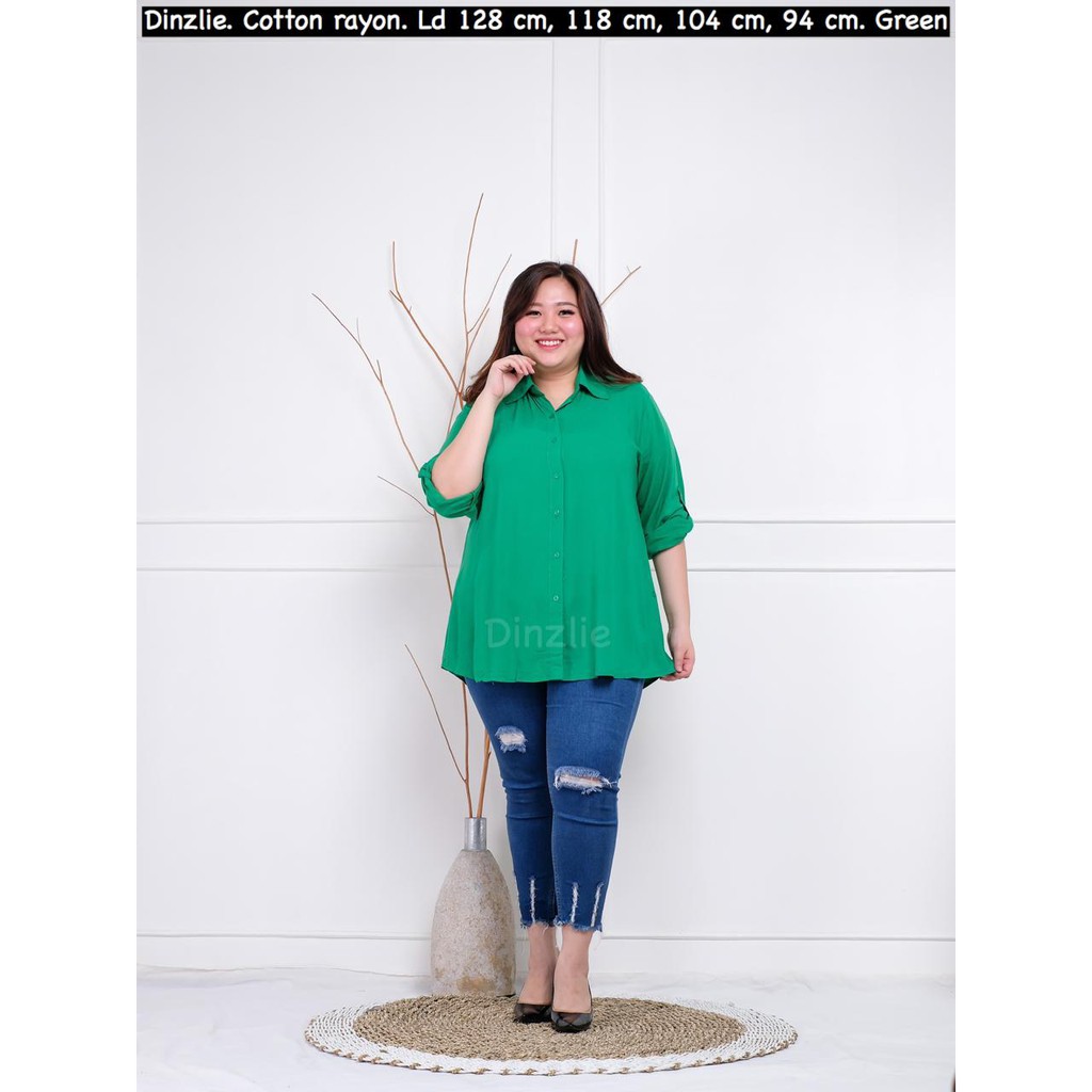 Dinzlie Kemeja Polos Katun Rayon Wanita Warna Hijau Daun Ukuran L XL XXL XXXL Hijab Busui Friendly