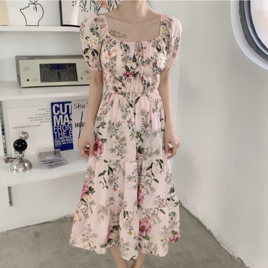 CASUAL BEACH PREMIUM MIDI DRESS KARET ALL SIZE KOREAN FASHION STYLE