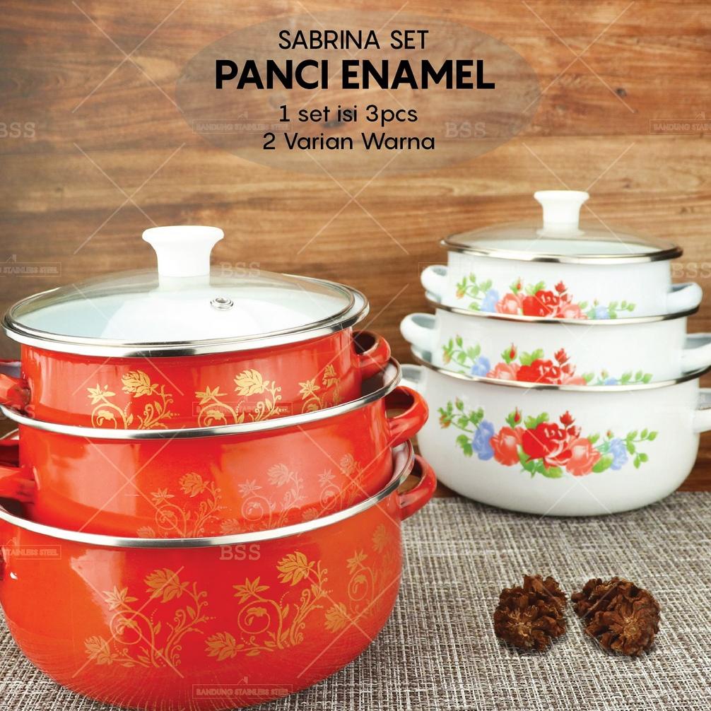 Panci Enamel Set 3pcs Tutup Kaca Masak Sup Soup Motif Cantik Lucu