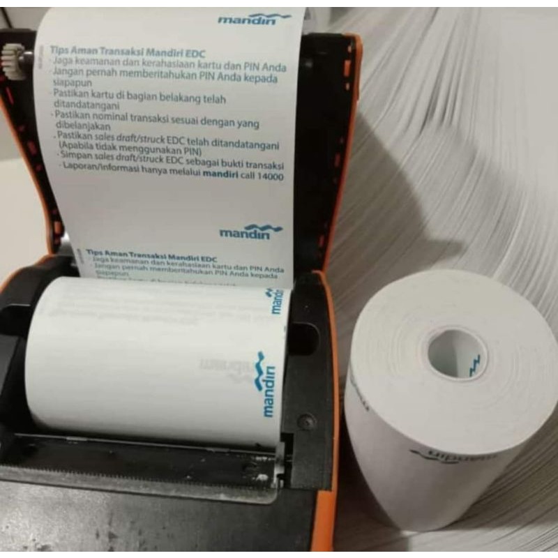 

Kertas kasir thermal logo mandiri ukuran 58x40 full tanpa core paket 1 roll/pcs