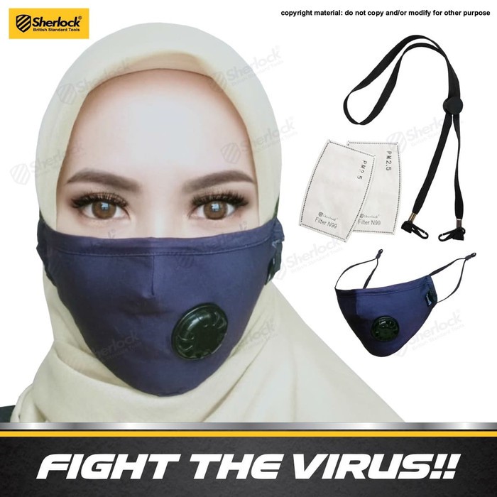 Masker Kain Hijab Respirator / Sherlock With N99 Carbon Filter - Biru Navy