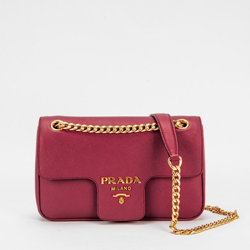 Tas prada saffiano flap shoulder bag red grained ghw