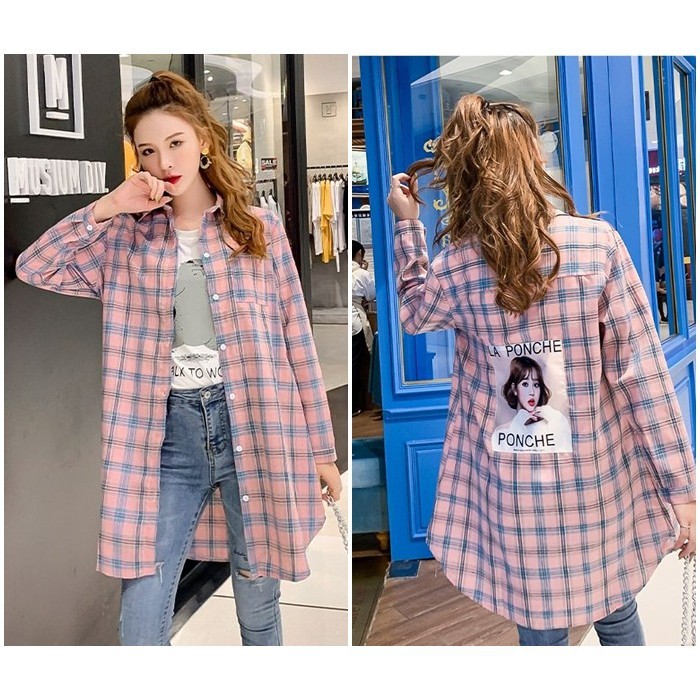 [baju wanita korea]  Baju Atasan Kemeja Kotak Wanita Korea Import Putih Pink Biru