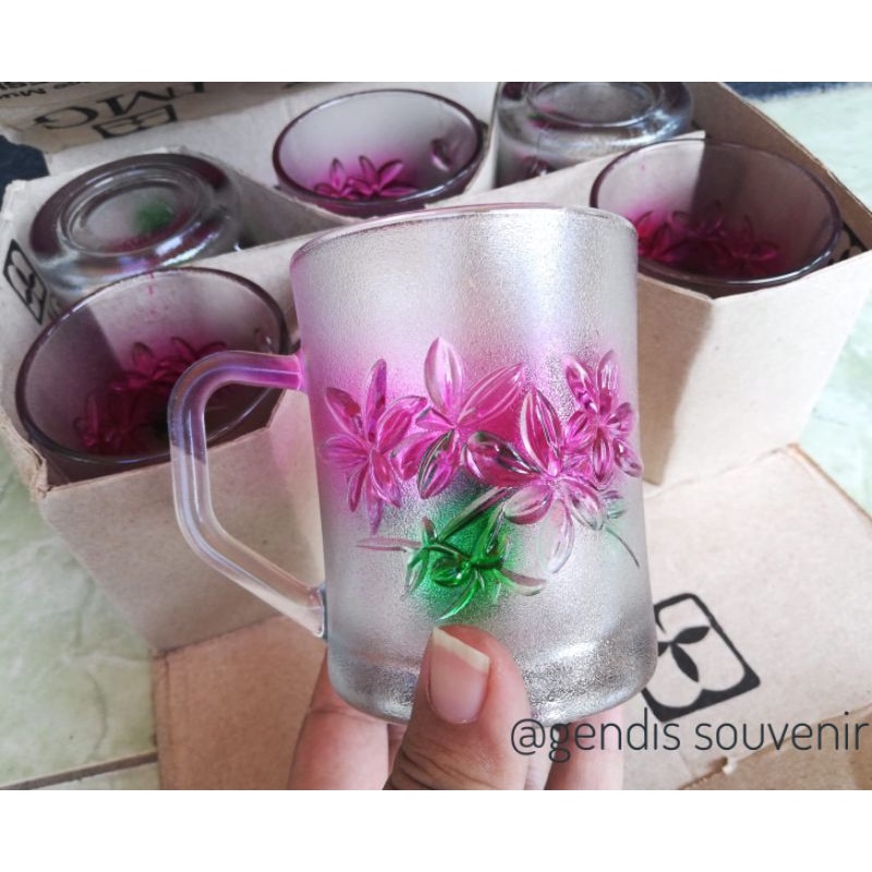 GELAS GAGANG WARNA MOTIF BATIK TIMBUL 220ML - GELAS CANGKIR KACA CANTIK - GELAS KOPI - SOUVENIR