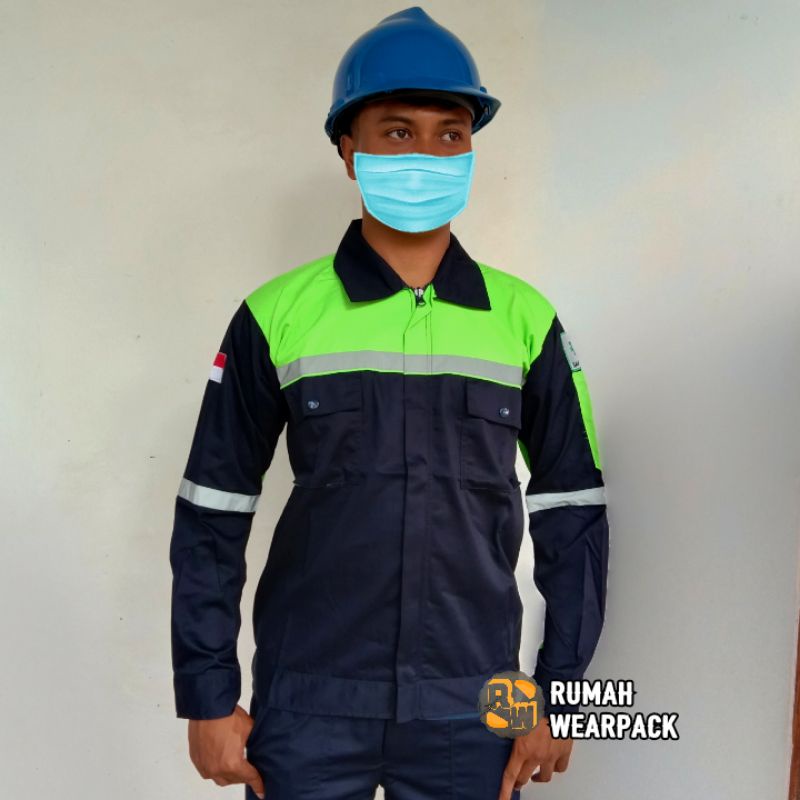 Baju Kerja/ Wearpack Proyek/ Seragam Kerja Atasan Warna Navy Kombinasi Hijau Pupus