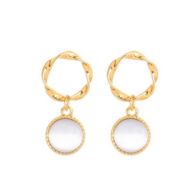 LRC Anting Tusuk Fashion Cats Eye Opal Geometric Round Hollow Alloy Earrings K42845