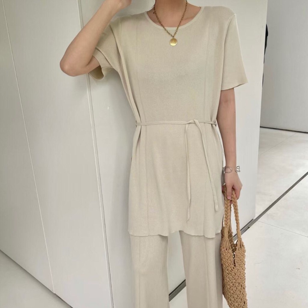 SET6316 Kylie Slit Long Blouse & Pants Knit Set-3