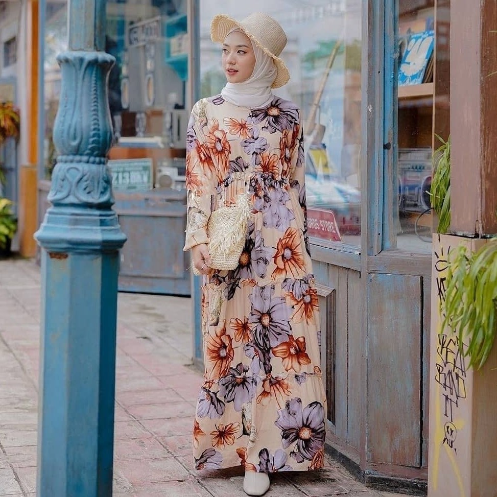 Claria Maxi Dress - Gamis Muslimah Floral Bahan Katun Rayon Busui Friendly Motif