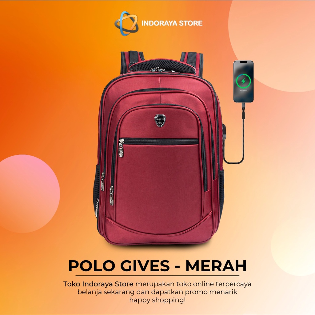 POLO GIVES Tas Ransel Original Import Tas Backpack Pria Wanita Free Kabel USB+Raincover