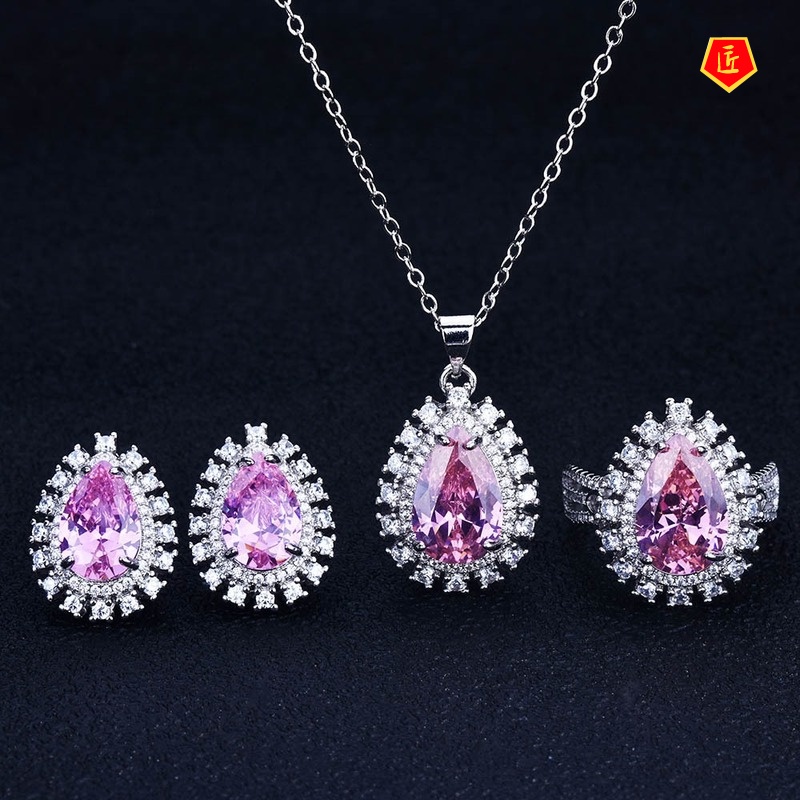 [Ready Stock]New Luxury Colored Gems Set Female Stud Earrings Necklace