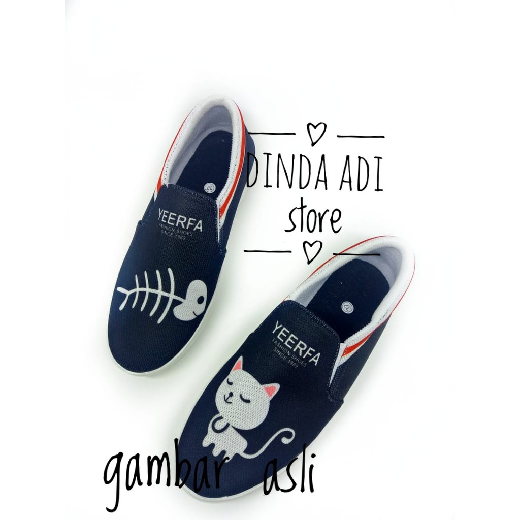 DINDA SEPATU WANITA SLIP ON BONES FISH CAT REALPICT 100% MURAH - HITAM