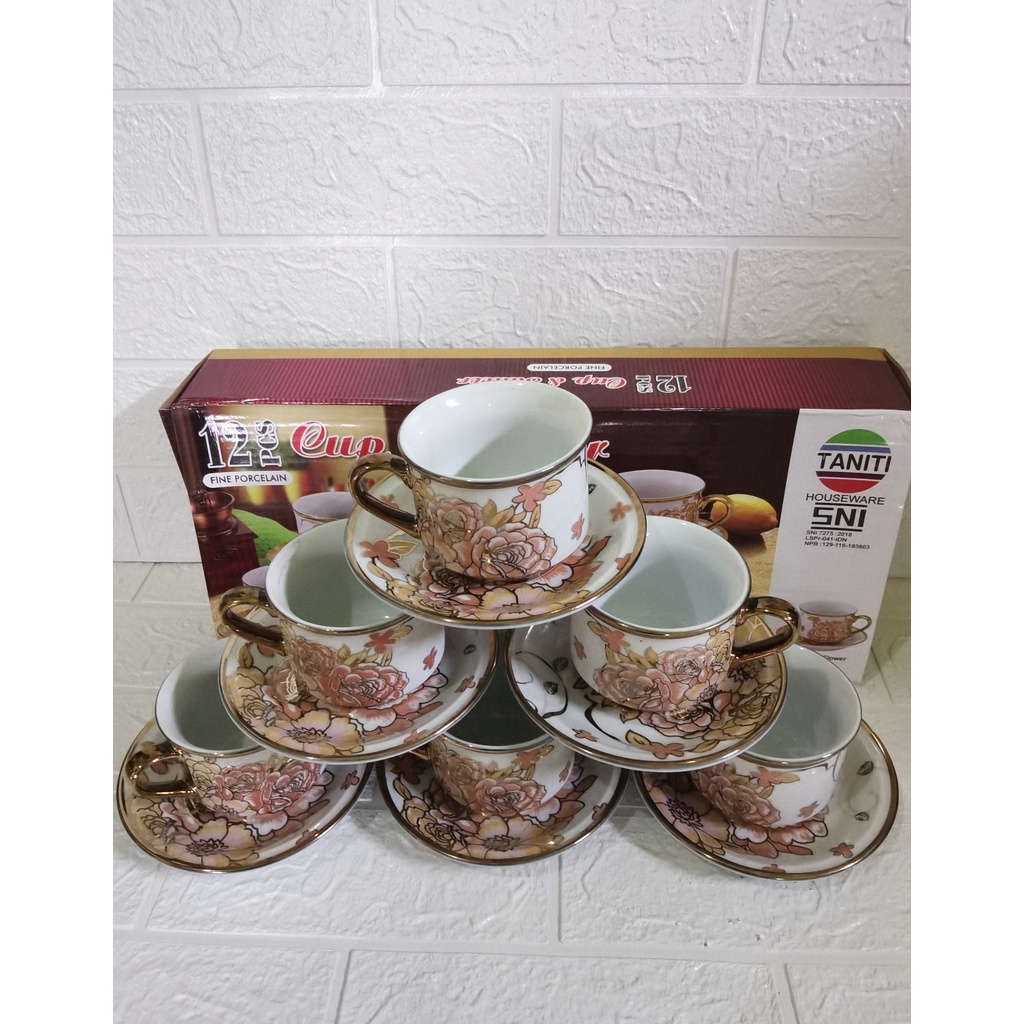 Cangkir Teh 6 pasang motif golden flower taniti / tea set / coffe set / kado gift