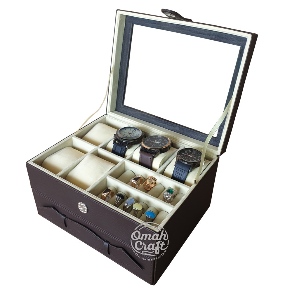 LARGE SIZE - Tempat Jam Tangan isi 6 JUMBO + Perhiasan Emas / Kotak Jam Tangan Warna COKELAT CREM