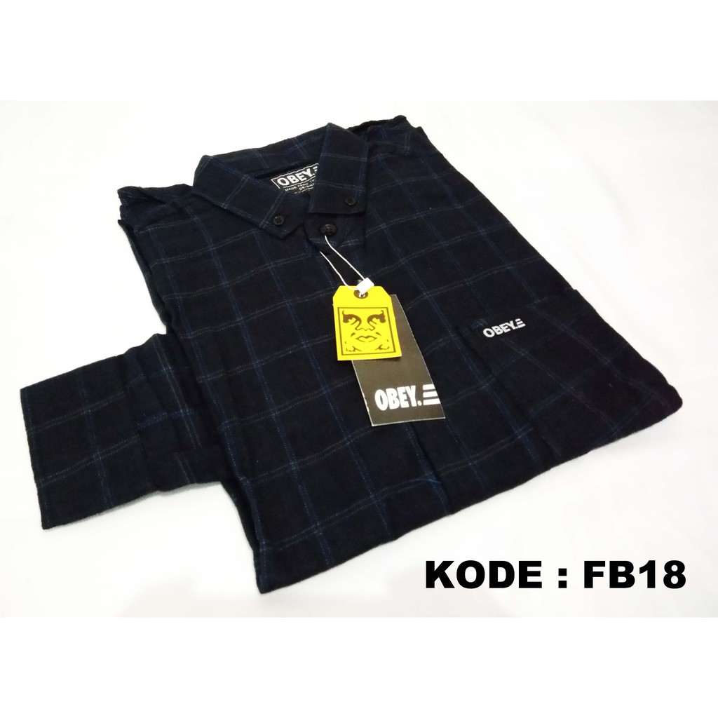 Hem Kemeja Flanel Lengan Panjang Kotak Garis Kombinasi Biru Dongker Navy obey
