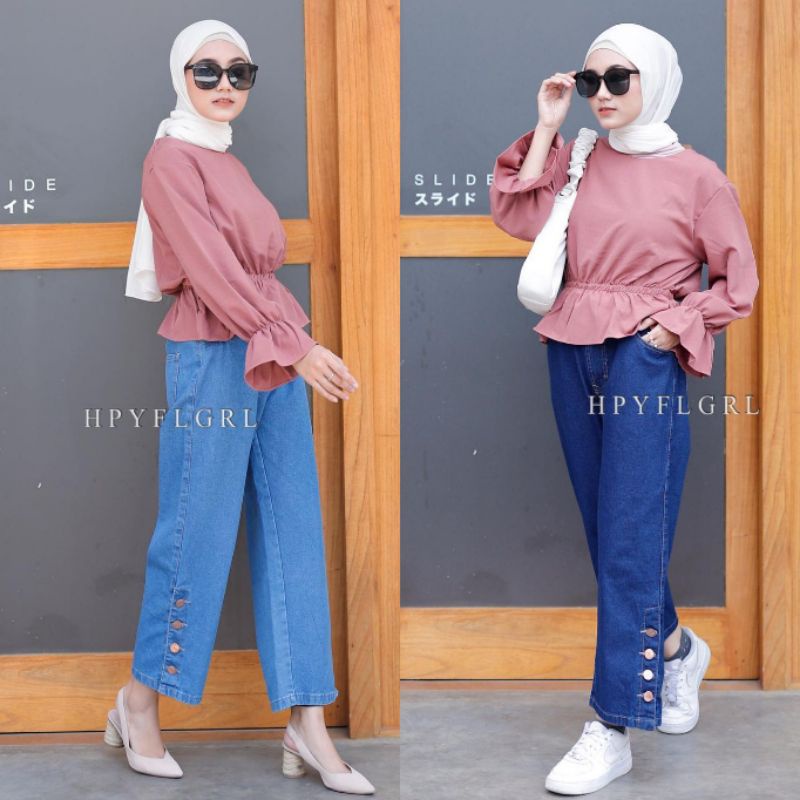 Celana Jeans Jins Kulot Button Buton Irna Navy Dark Light Blue Pinggang Karet Saku Depan Cewe Wanita