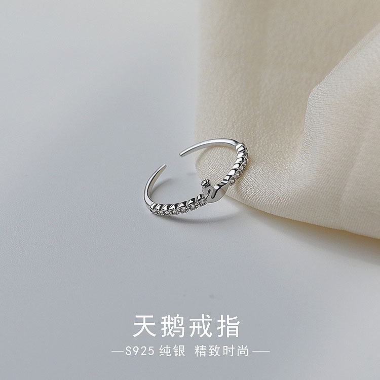 Cincin Model Terbuka Bahan 925 Silver Bentuk Angsa Kecil Aksen Berlian Gaya Korea