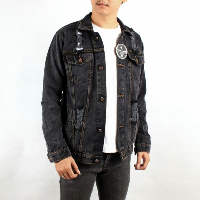 jaket jeans denim pria greyblack jaket denim sandwash distro ripped sobek2 big size M-XXL