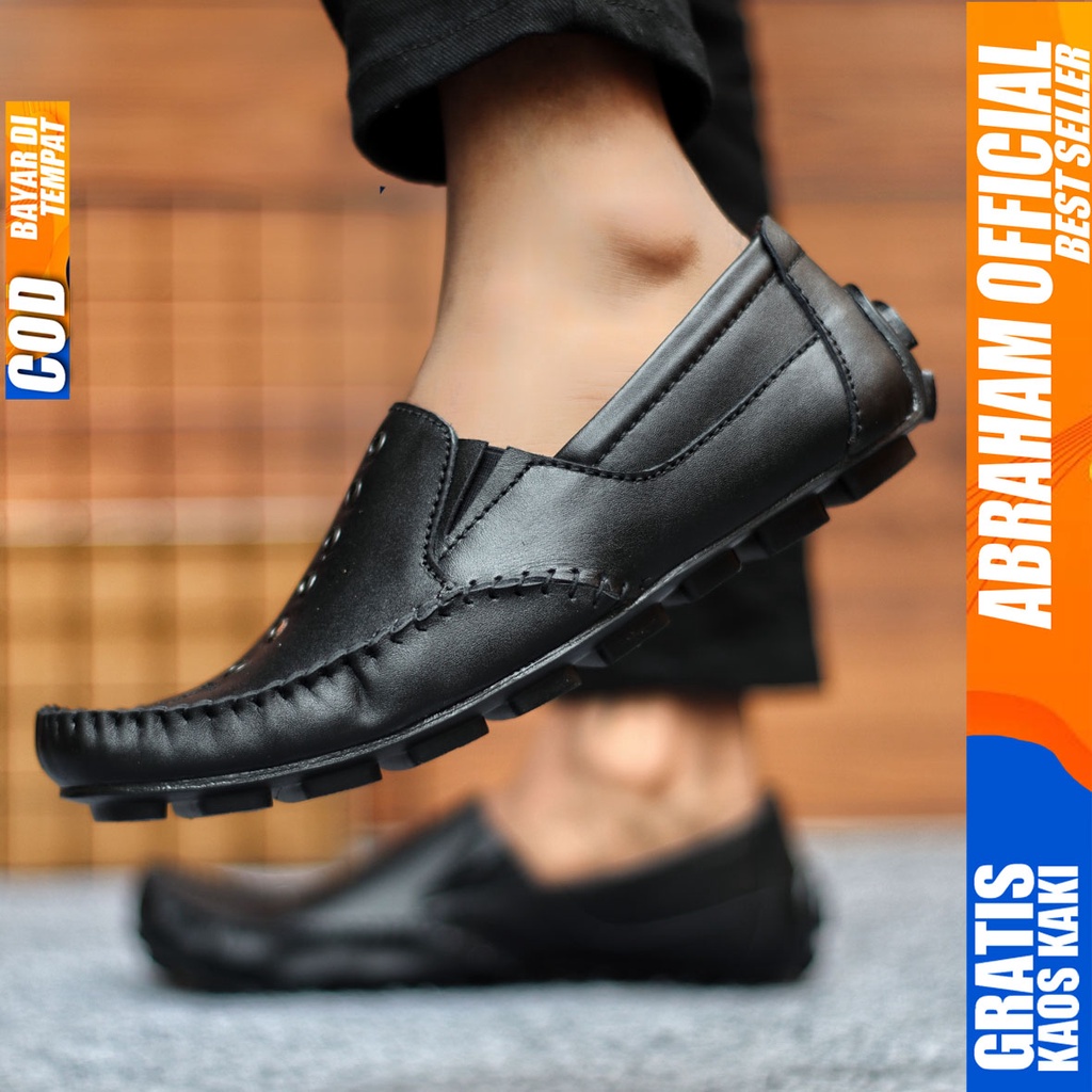 Sepatu Casual Pria Formal Slip On Pantofel Kulit Asli Kerja Kantor Kondangan Kuliah Hitam Fashion Shoes Terbaru Murah Kekinian Original DEON ABRAHAM