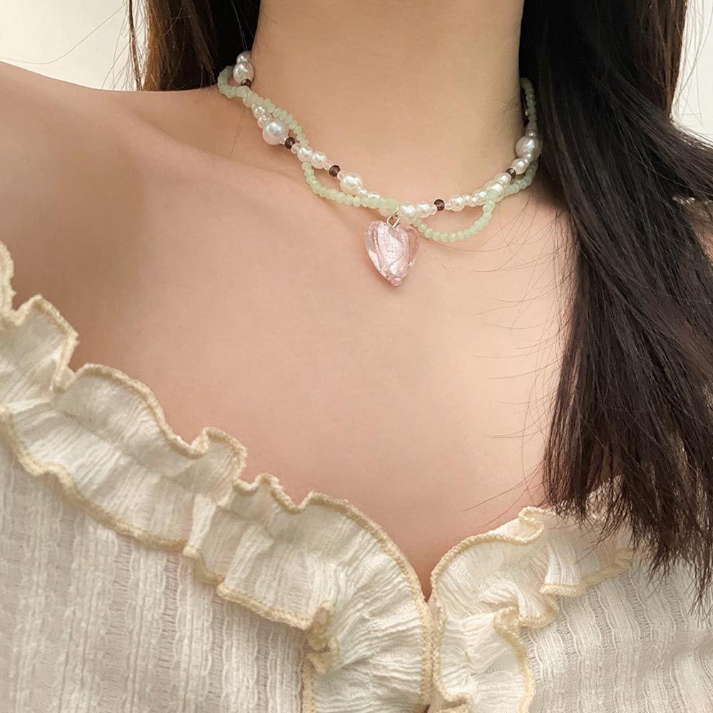 Mxbeauty Kalung Korea Manis Vintage Mutiara Hati Trendy Untuk Anak Perempuan Liontin Bunga