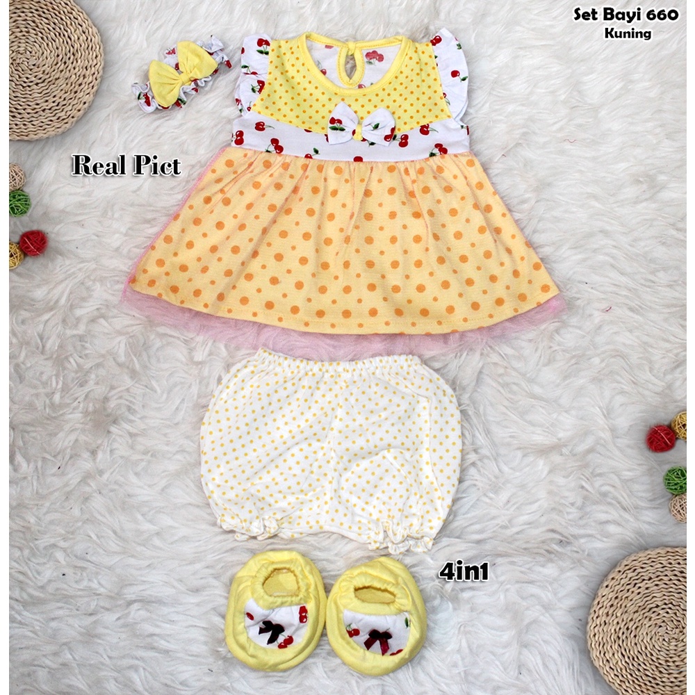 Set Bayi 660 4in1/ Pakaian Bayi Baru Lahir Usia 0-6 Bln/ Setelan Baju Bayi + Celana Pendek + Sepatu Bayi + Bando Karet /