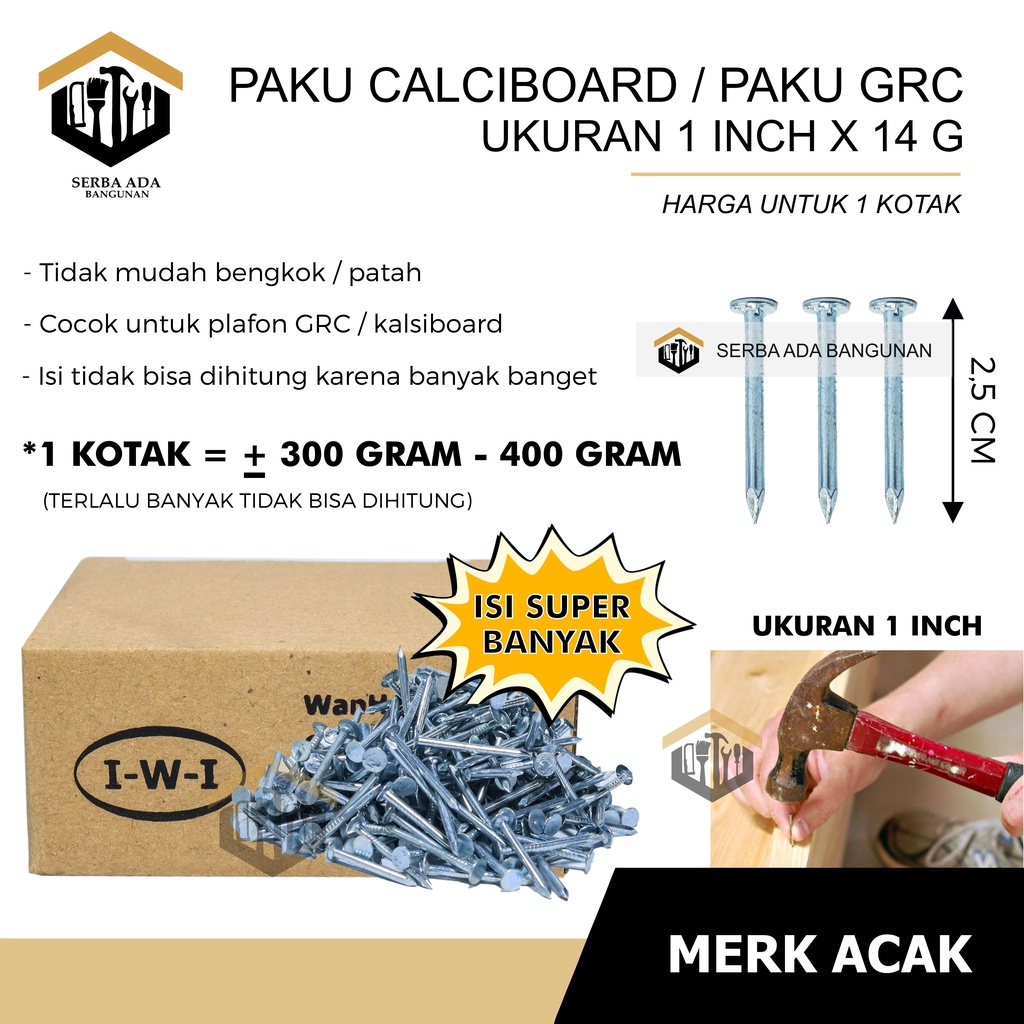 PAKU GRC 1 INCH x 14 G (PANJANG 2,5CM) HARGA 1 BOX ISI 0,5 KILOGRAM / PAKU BOARD PLAFON DEMPUL MURAH