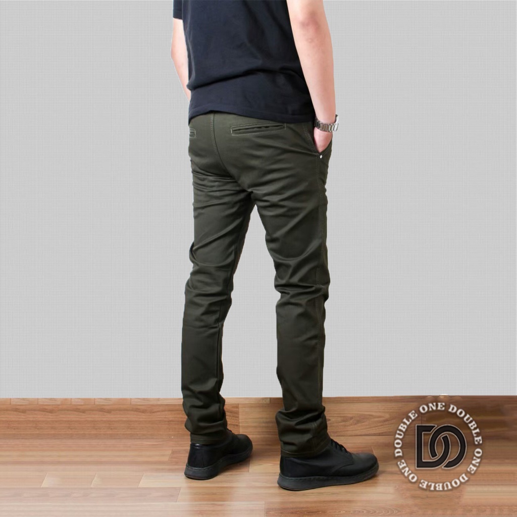 DOUBLE ONE - Celana Chino Panjang Slimfit Hijau Army / Celana Chino Stretch / Celana Panjang Pria / Celana Chino Premium