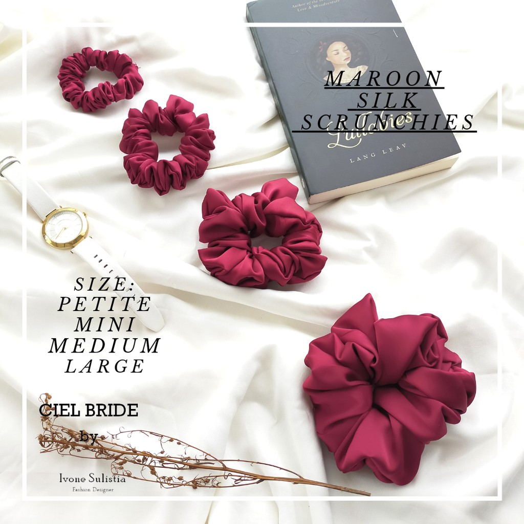 maroon silk scrunchies exclusive with box | ikat rambut sutra itali