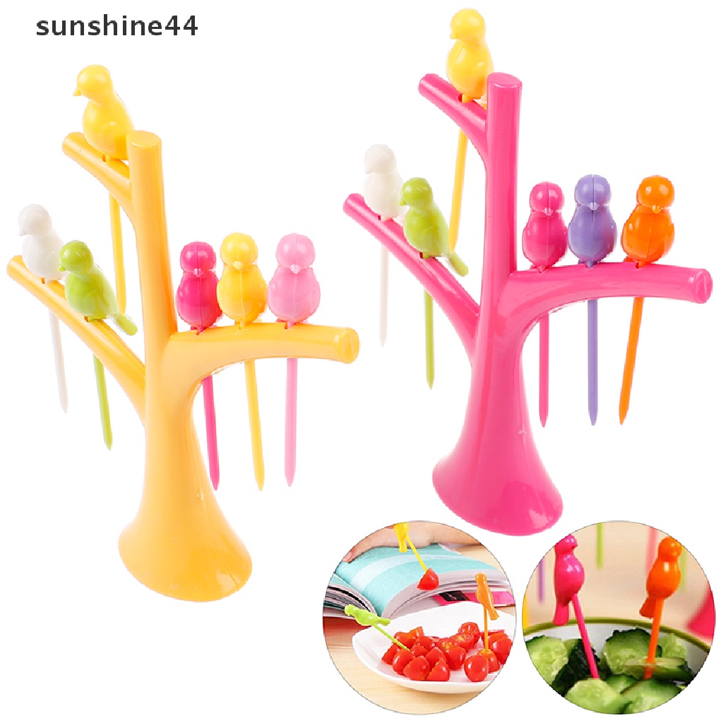 Sunshine Set Garpu Buah / Sayur / Dessert Bentuk Pohon + Burung Bahan Plastik Untuk Anak