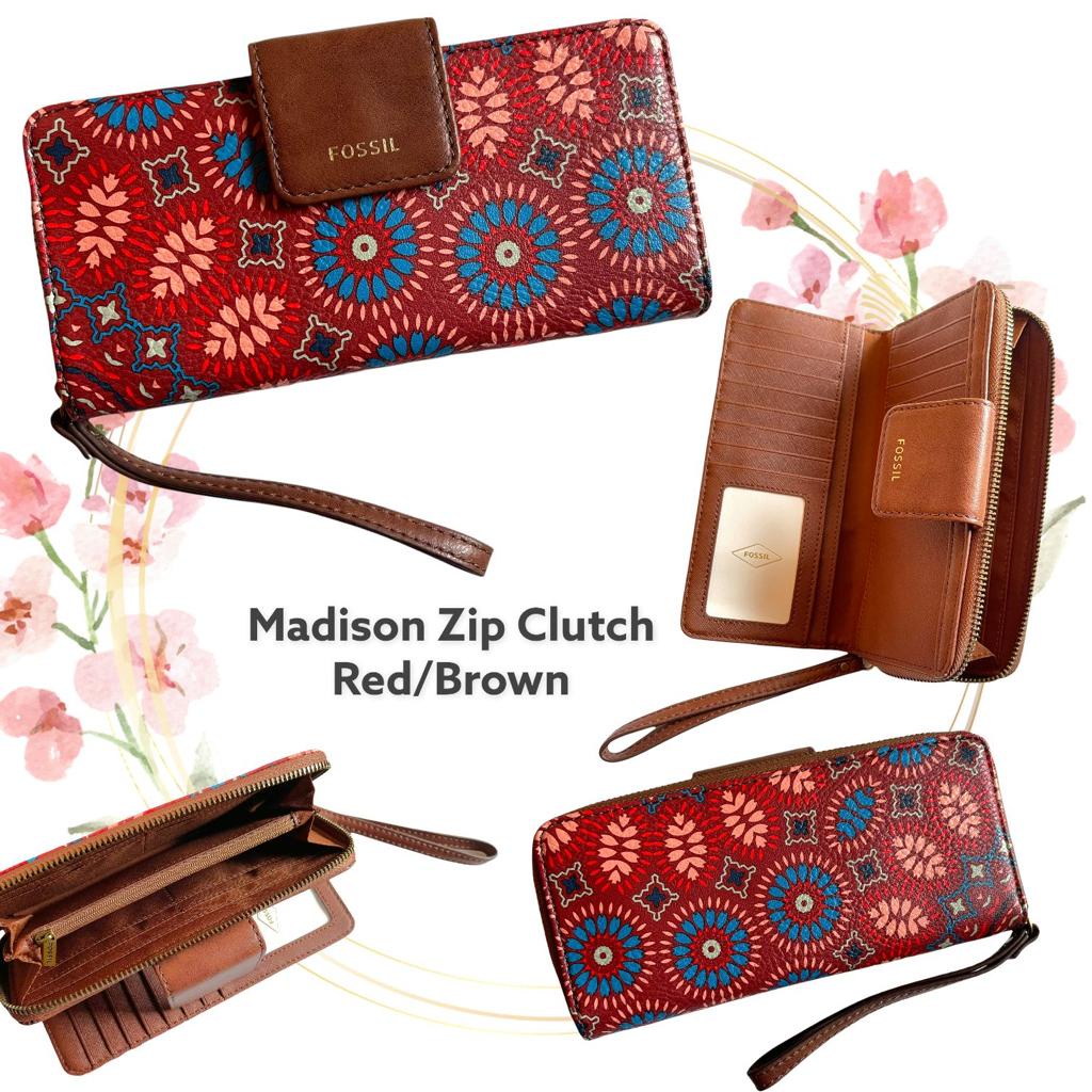 Madison zip clutch red brown fossill originall