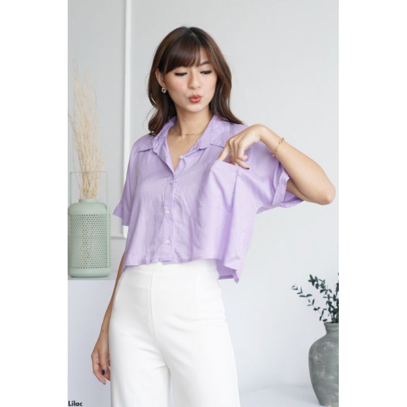 Oversized Rayon Crop Top Kemeja Wanita Casual Big Size Jumbo Polos Lengan Pendek-3
