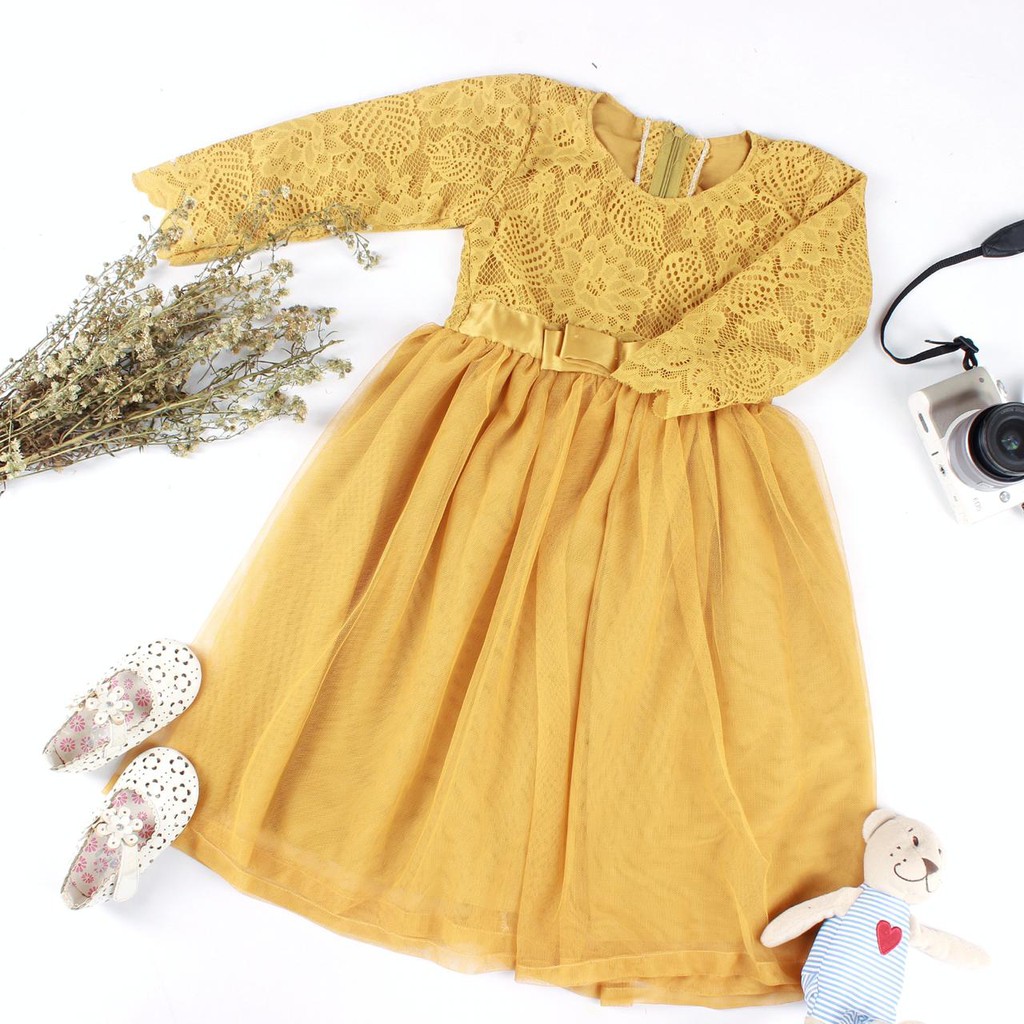 ELENA DRESS WITH TULLE WARNA GOLD/GAMIS ANAK-ANAK/GAMIS TULLE/GAMIS BROKAT KOMBINASI