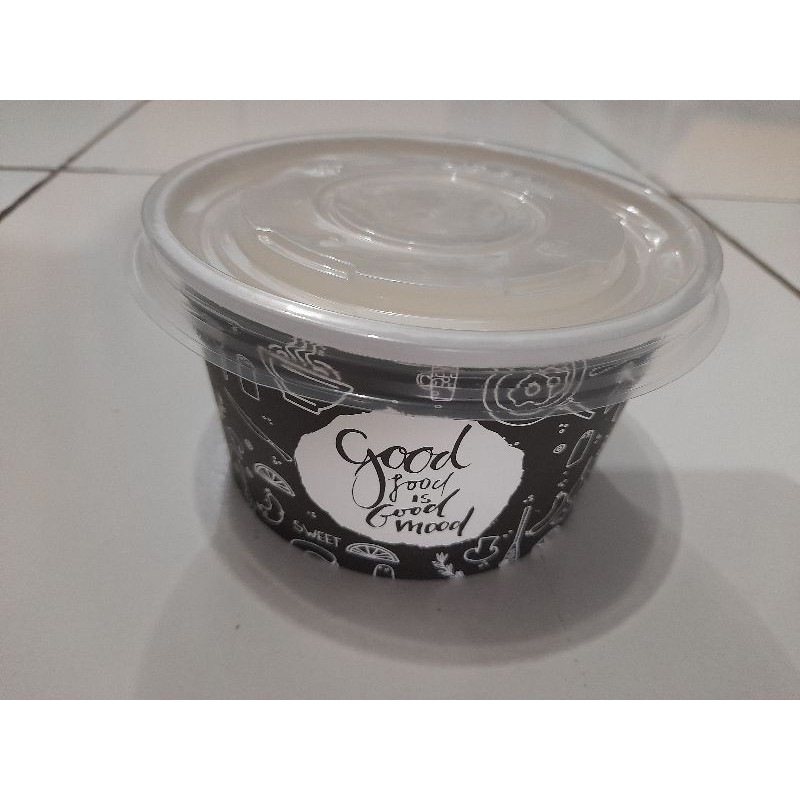 Paper Bowl 650ml + Tutup Motif Good Mood Warna Hitam / Putih