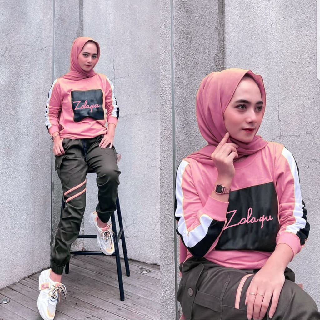 Baju Setelan Olahraga Muslim Zolaqu Premium Set l Giska Stelan Celana Sporty