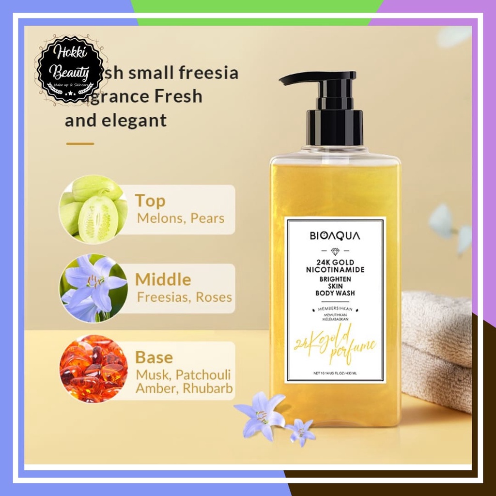 BIOAQUA 24K Gold Body Wash 400ml, GALAXY PINK, GRASS GREEN, NEBULAS BLUE Shower Gel English Pear &amp; Freesia scent Sabun Mandi Cair Sabun Kecantikan Long lasting