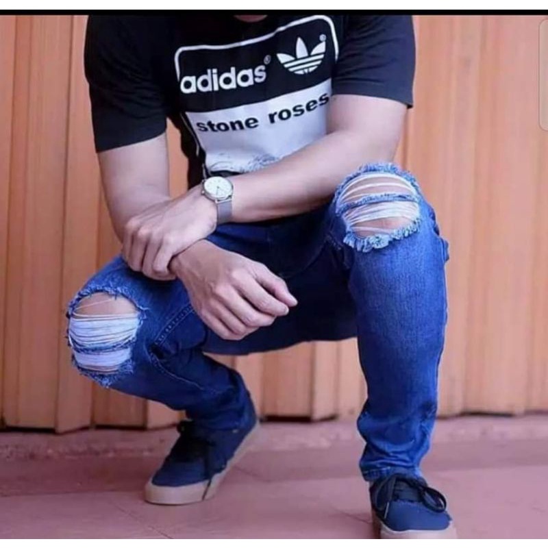 CELANA JEANS PANJANG SOBEK SEMI SOFTJEANS PRIA SKINNY HITAM SOBEK LUTUT RIPPED JEANS STREET