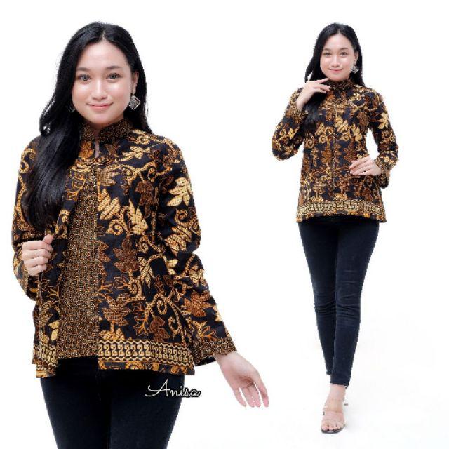 tey-17 Batik wanita ASJ SA HRB026 Kenongo Kemeja Tosca Pendek-Daun pepaya