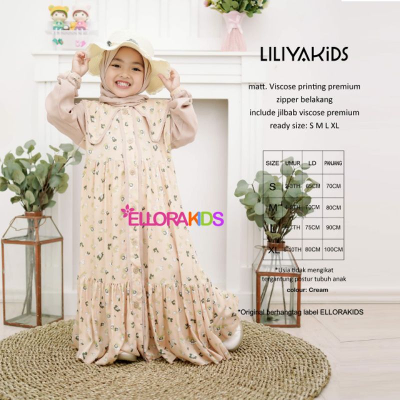LILIYA KIDS//GAMIS ANAK VISCOSE PRINTING PREMIUM ZIPER BELAKANG FREE JILBAB BY ELLORA KIDS