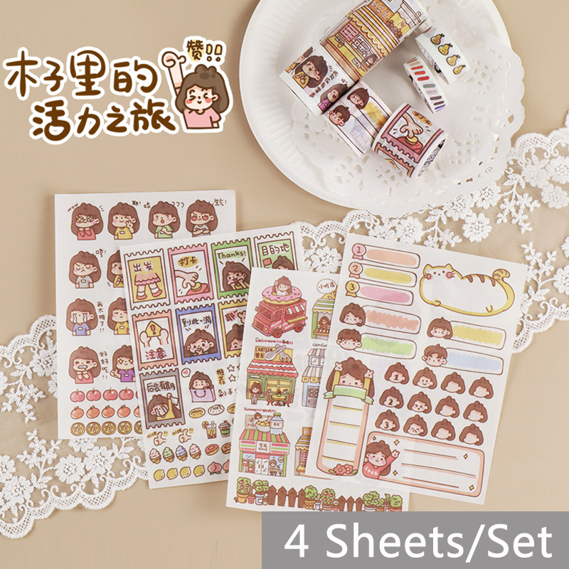 4 Sheets Creative Cartoon Girl Diary Decoration Sticker Handbook DIY Japanese Character Japanese Paper Sticker