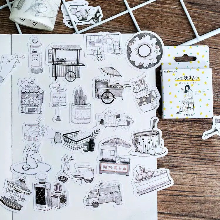 

45 PCS Black White Daily Sticker - Stiker Hitam Putih Untuk Bullet Journal Diary Planner Deco