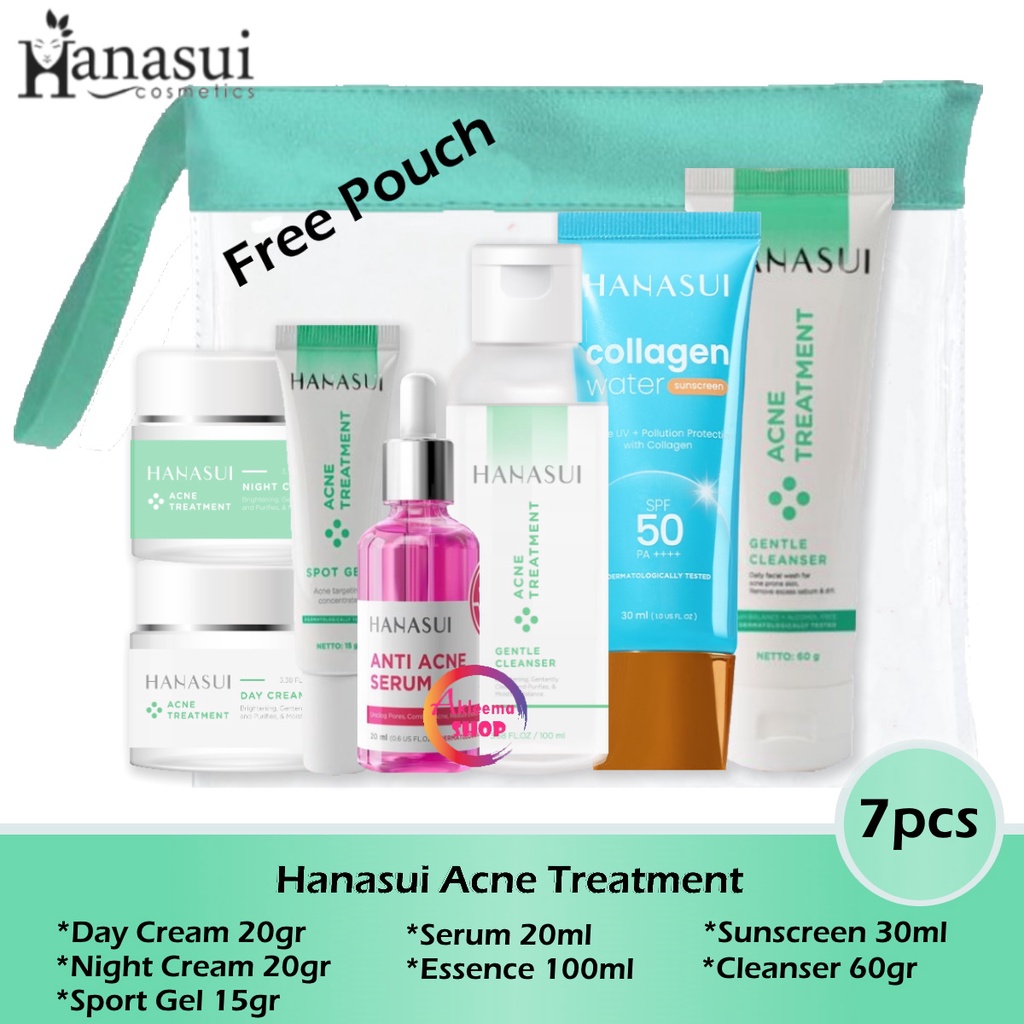 Paket Hanasui Acne Treatment 7pcs (Day Cream 15gr+night Cream 15gr+serum 20ml+Cleanser 60gr+Essence 100ml+Sport Gel 15gr+Sunscreen 30ml)